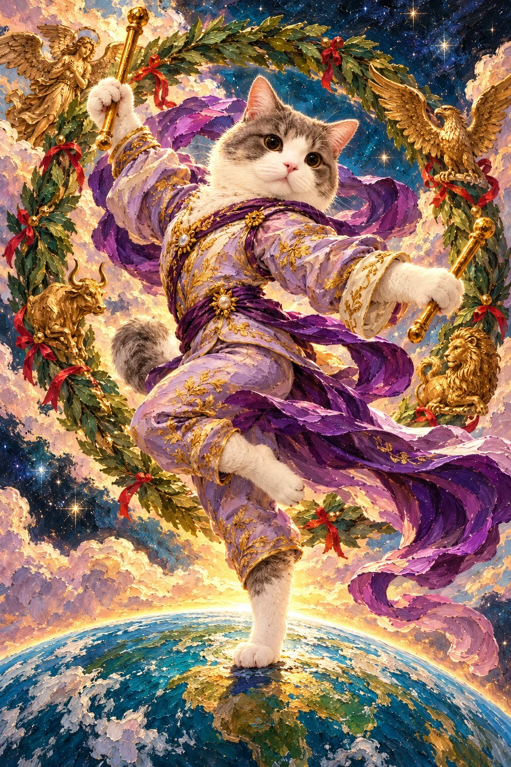 Grey-and-white cat dances in violet and ivory inside a laurel wreath with two batons, four small gold emblems and the curve of Earth below.
