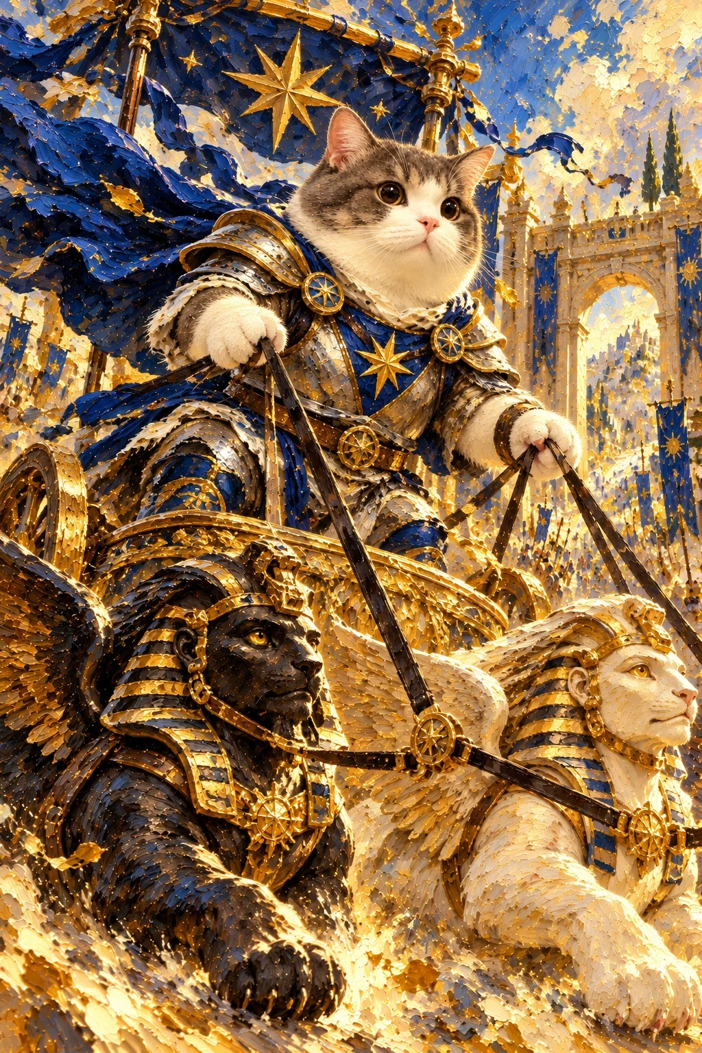 Grey-and-white cat in blue and silver armour pulls taut reins from a diagonal chariot above black and white sphinx sculptures.