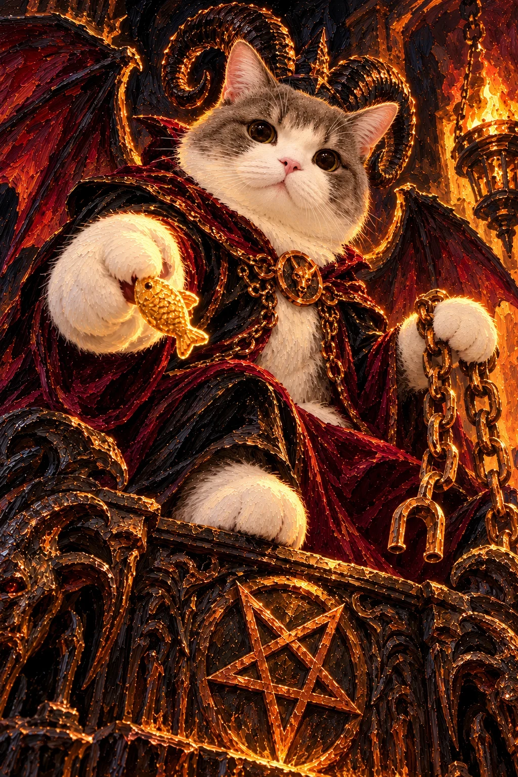 Grey-and-white cat sits before an obsidian winged throne, offering a gold fish-shaped treat while lifting an open chain beside a flame.