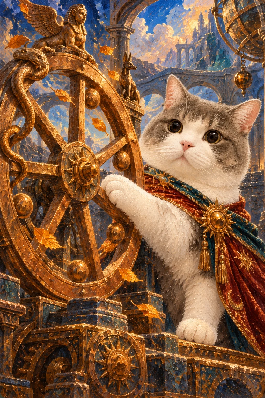 Grey-and-white cat touches a large golden wheel topped by a sphinx ornament, with falling leaves and painted animal carvings.