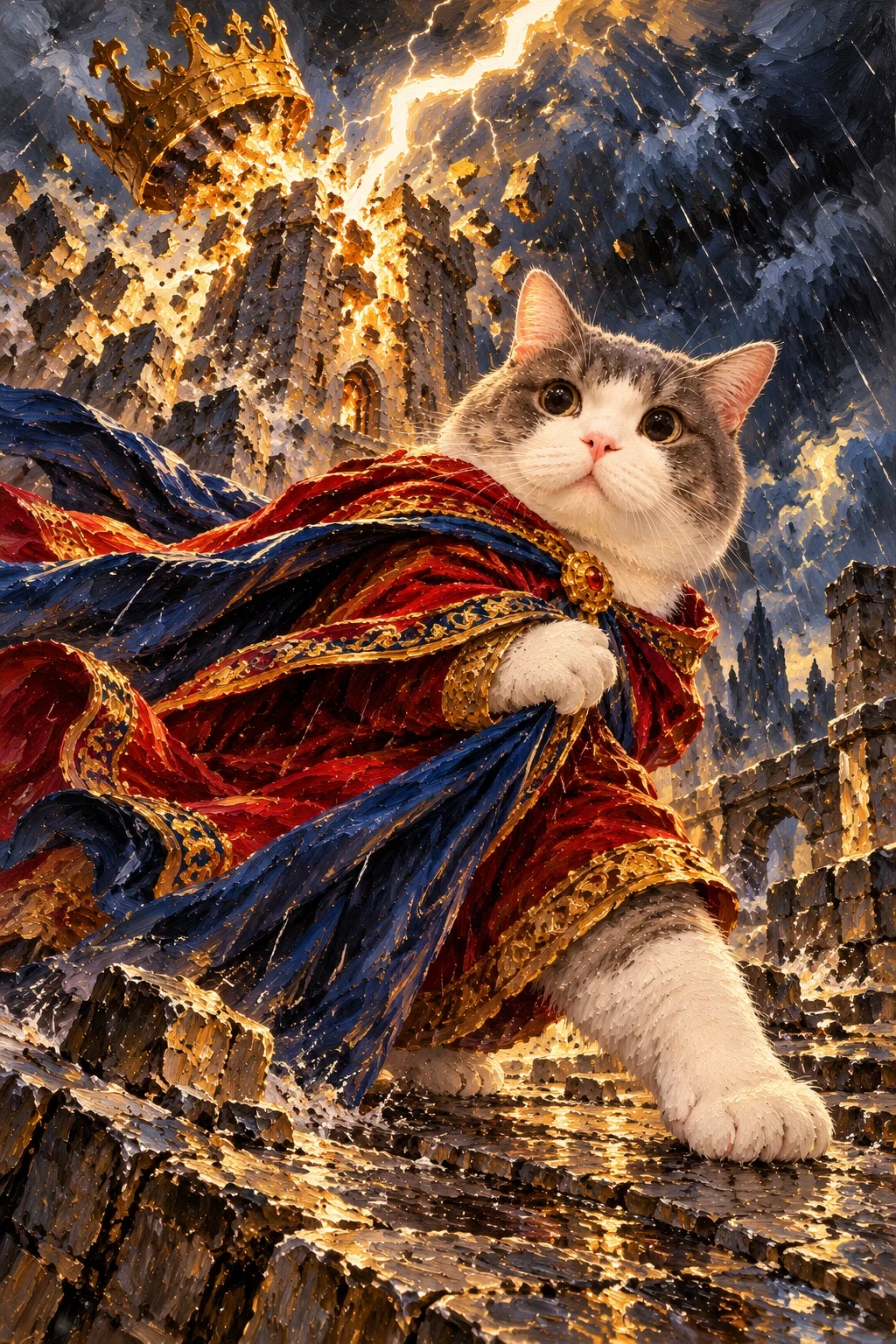 Grey-and-white cat in a windblown red-and-blue cape strides away as lightning strikes a tower and dislodges its crown.