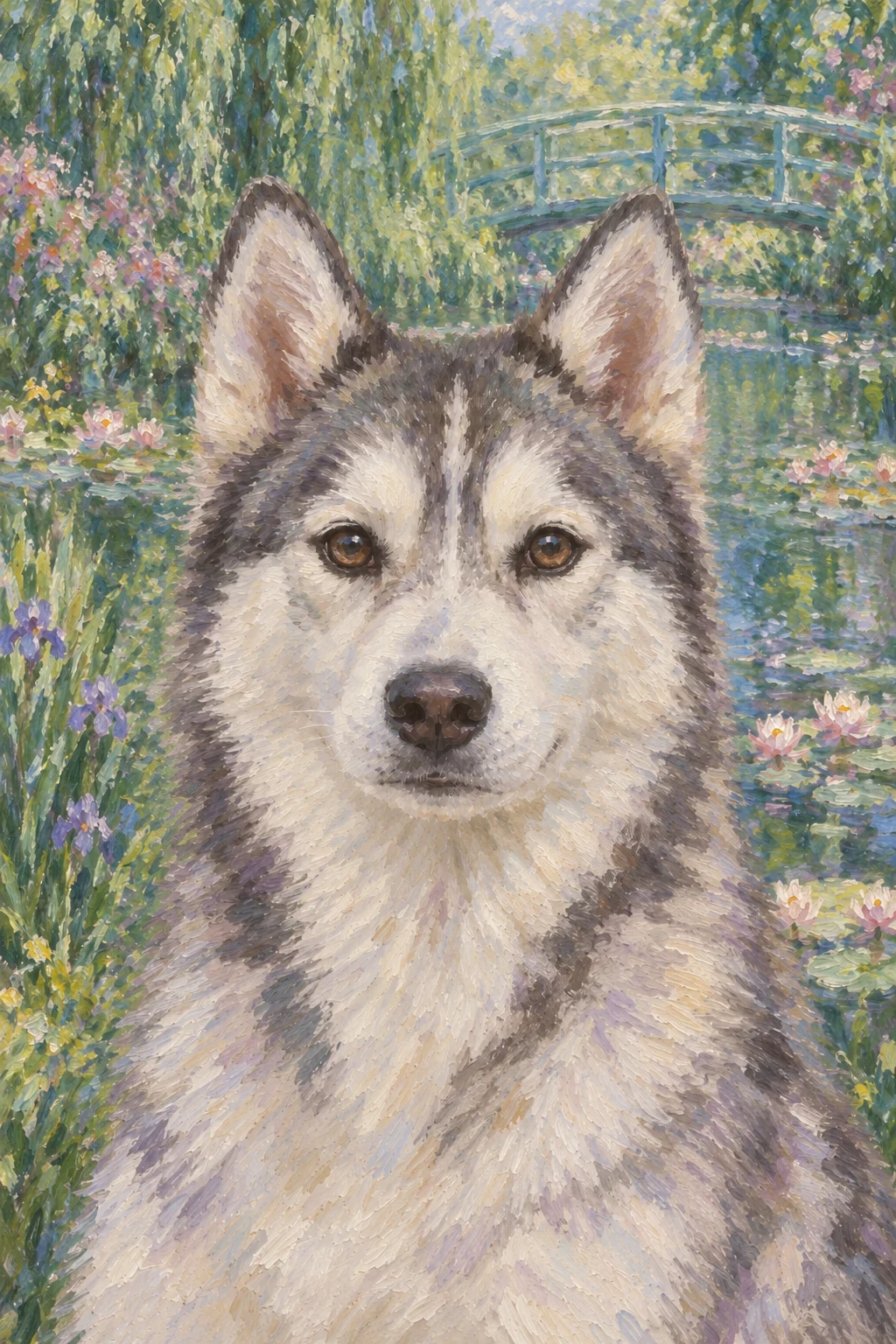 A close-up Impressionist pet portrait with water lilies and a blue-green footbridge.