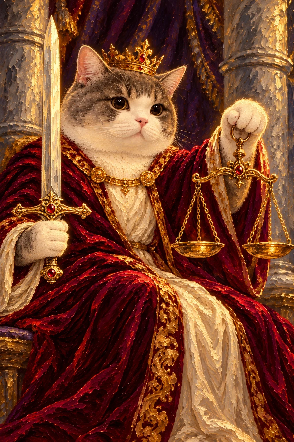 Grey-and-white cat in red and ivory holds a vertical sword and level scales between stone pillars beneath a simple crown.