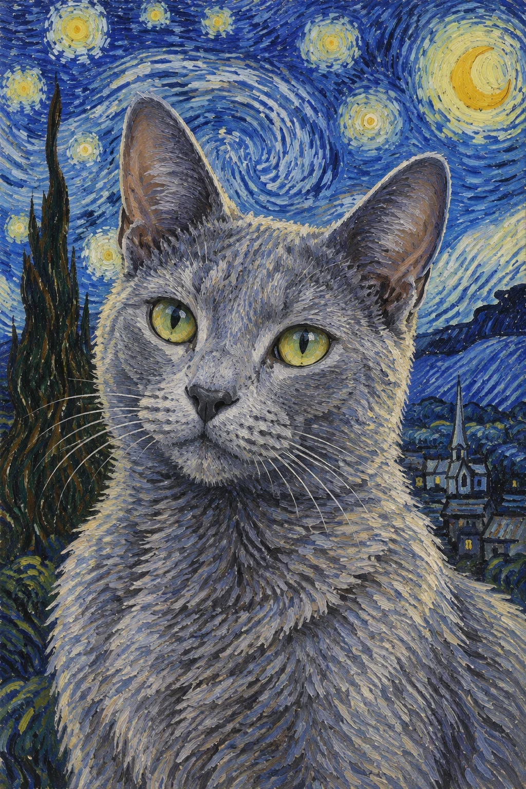 A close-up painted pet portrait with a cobalt-blue night sky and warm golden stars.