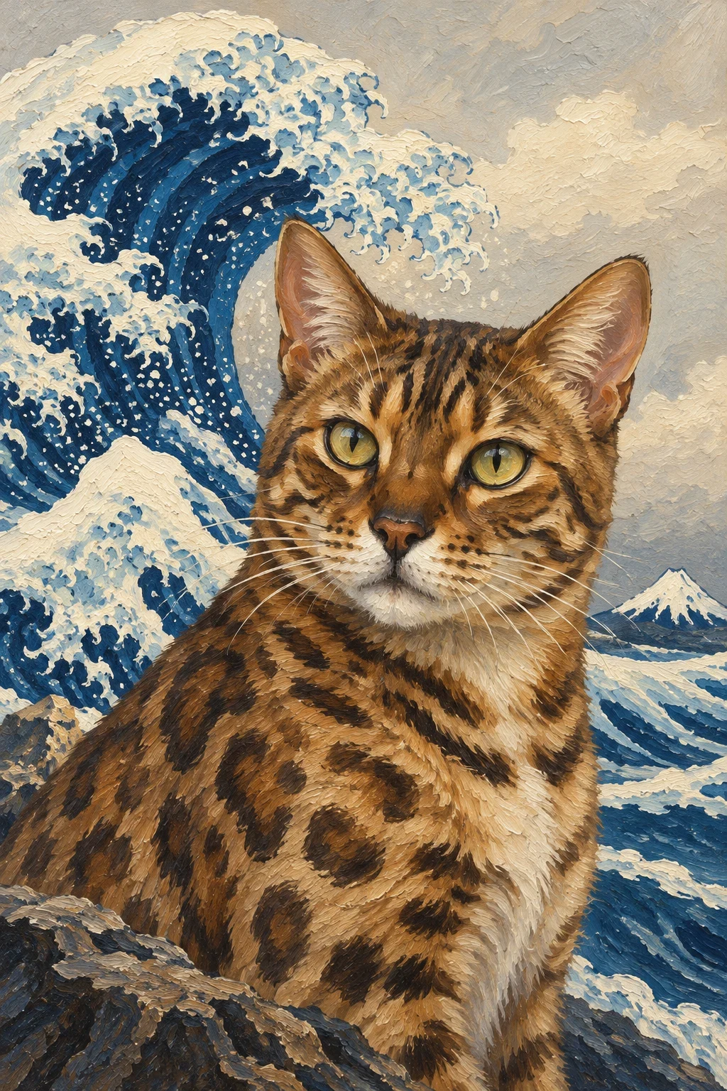 A close-up oil-painted pet portrait with indigo waves and warm ivory sea foam.