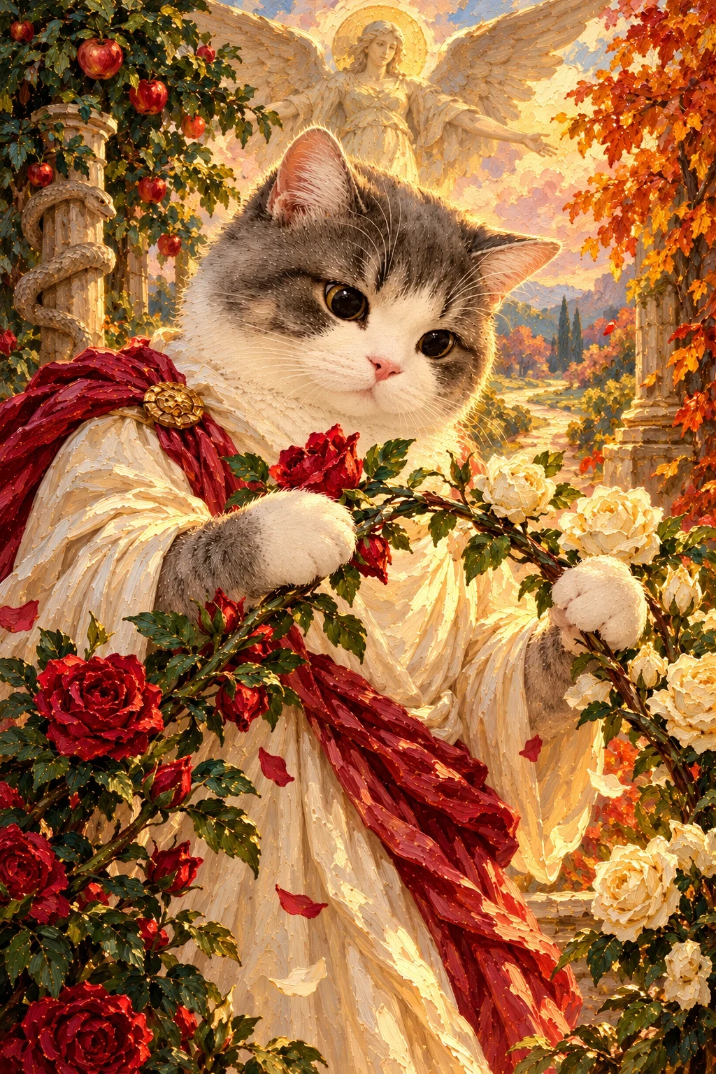 Grey-and-white cat in an ivory robe joins red and white rose branches with both paws under a winged angel relief and autumn trees.