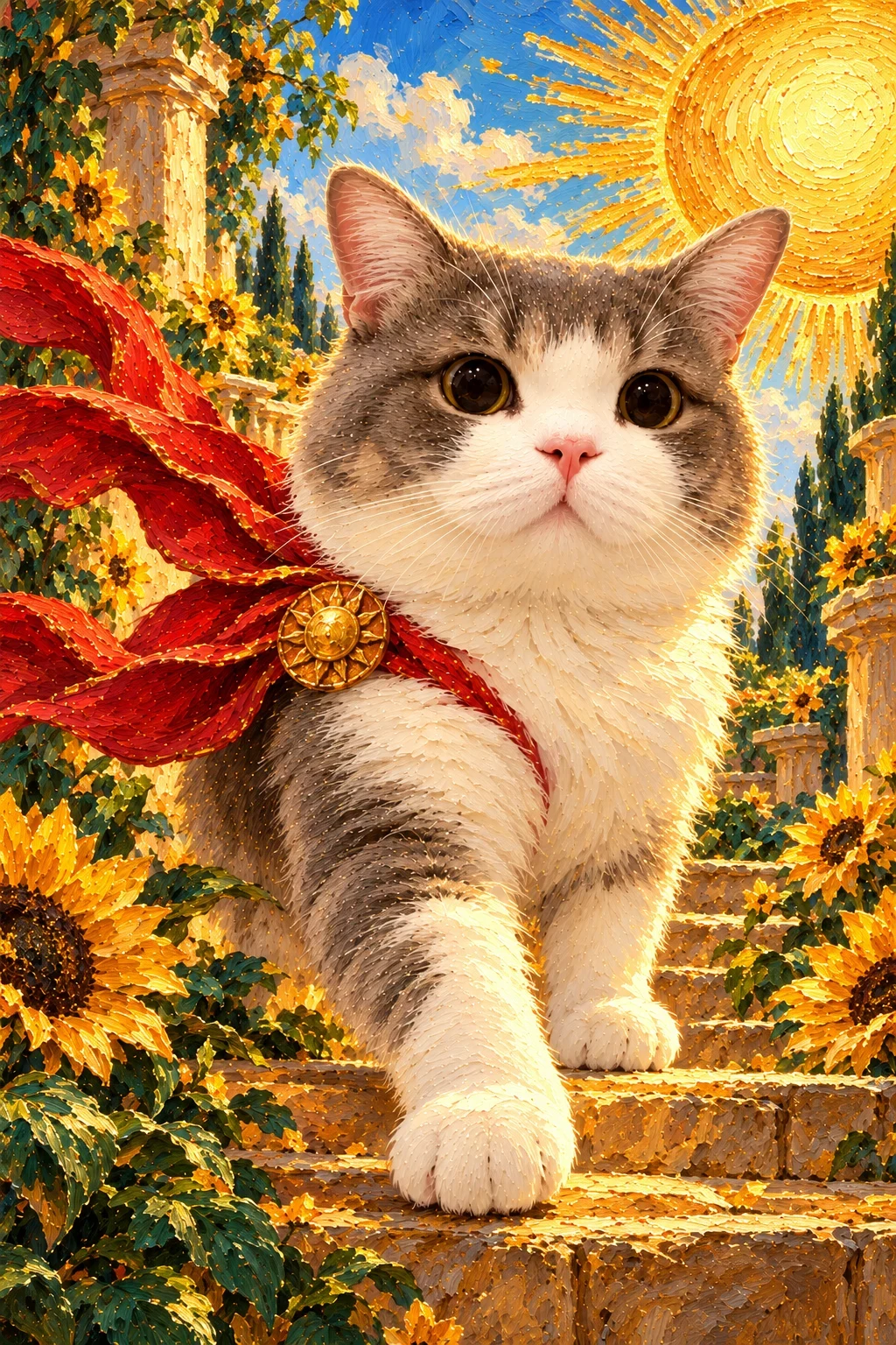 Grey-and-white cat steps forward in a red scarf before a huge painted sun disc, sunflowers and golden stairs.