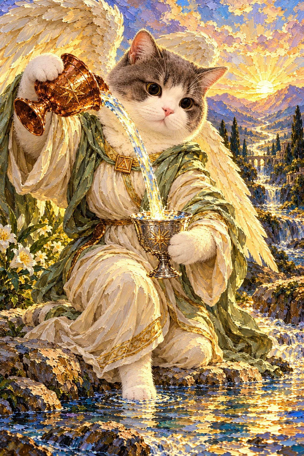 Grey-and-white cat in ivory and green robes pours water from a raised gold cup into a silver cup, with wings and a bright distant path.