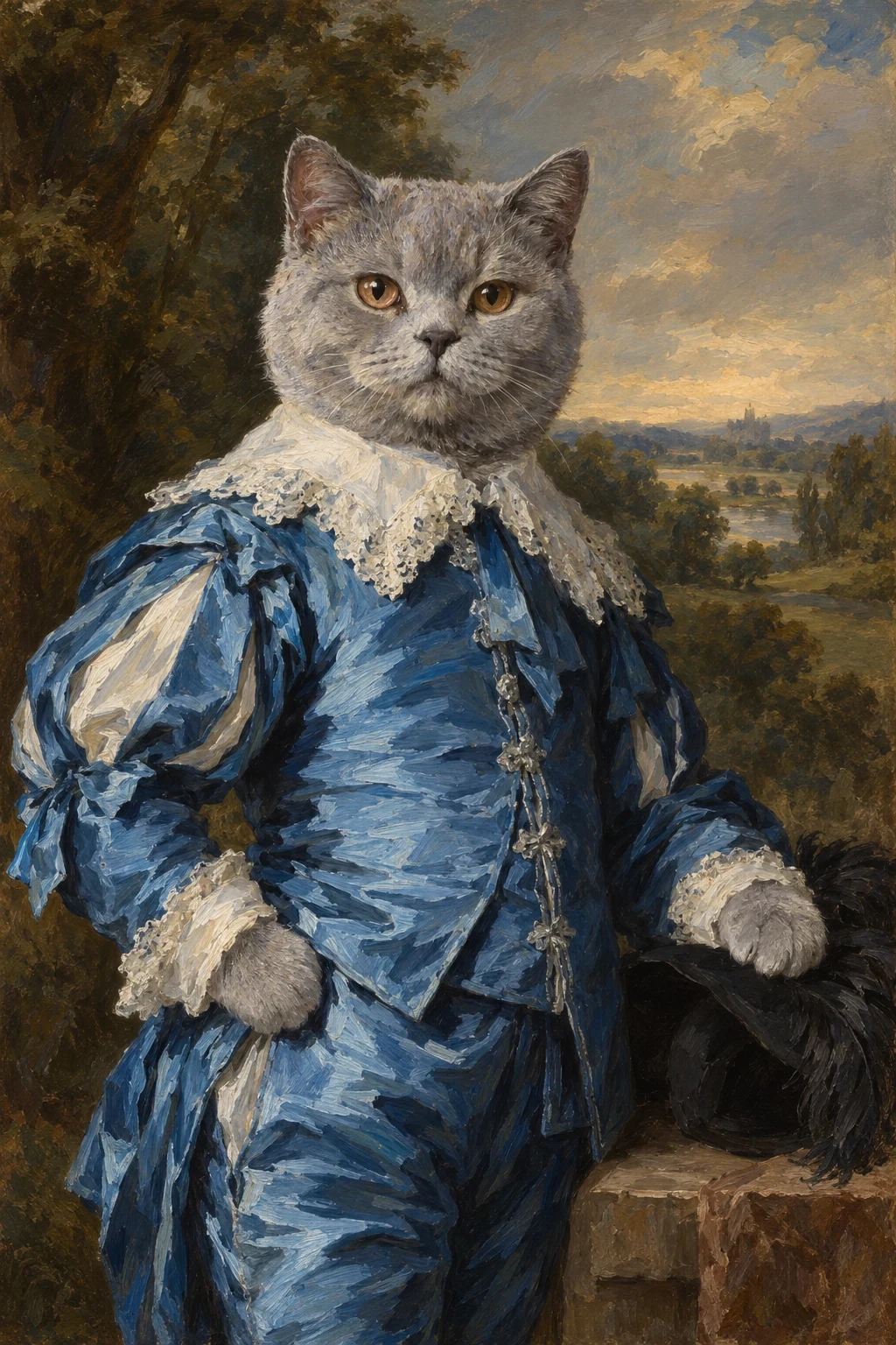 A pet in blue satin and ivory lace in a warm wooded oil-painted setting.
