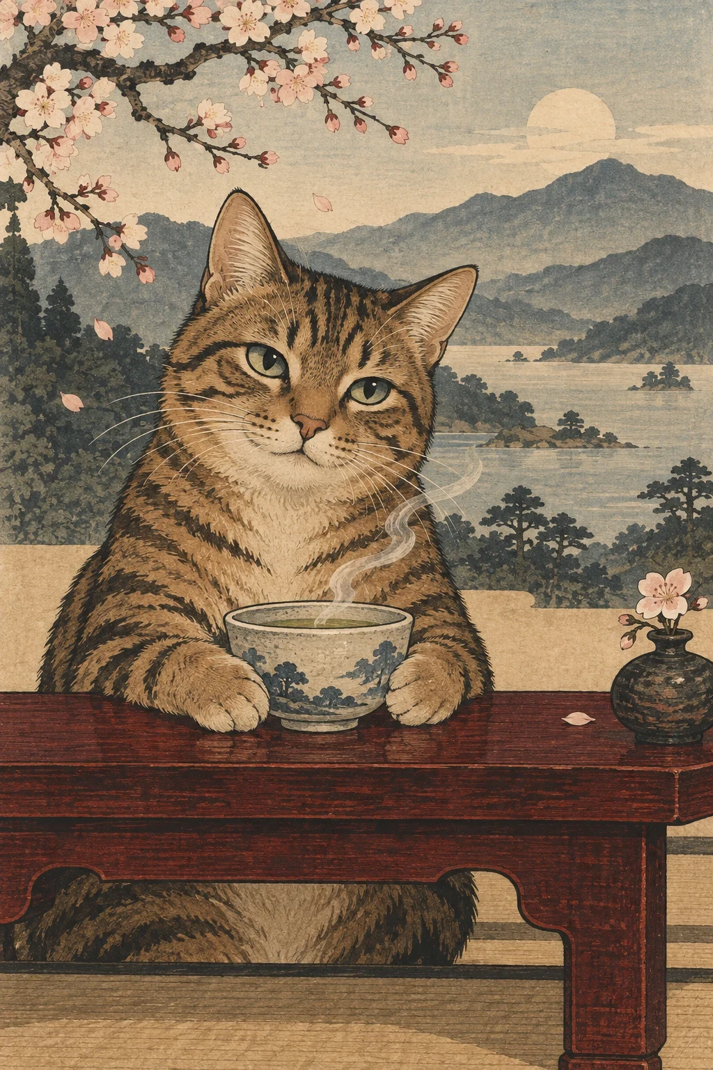 Woodblock Tea Time — illustrative pet portrait cover