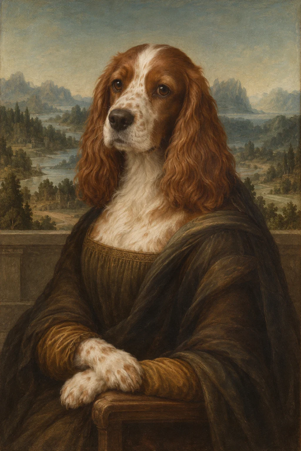 A cream poodle in an olive-brown Renaissance gown, seated with crossed paws before a misty painted landscape.