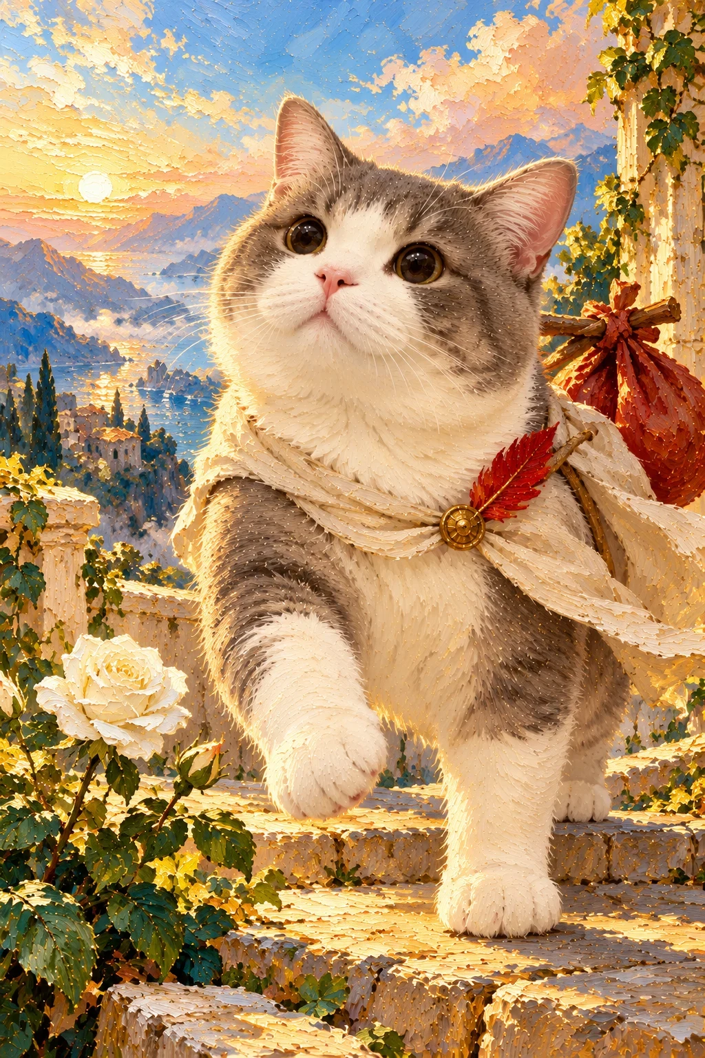 Grey-and-white cat in a pale travel wrap lifts one paw on a sunlit stone terrace beside a white rose and distant mountains.