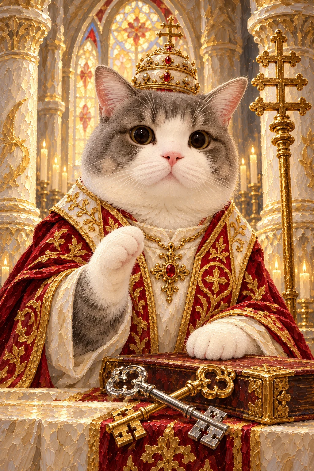 Grey-and-white cat in ivory and crimson vestments lifts one paw near a book, with pale pillars, crossed keys and a triple-cross staff.