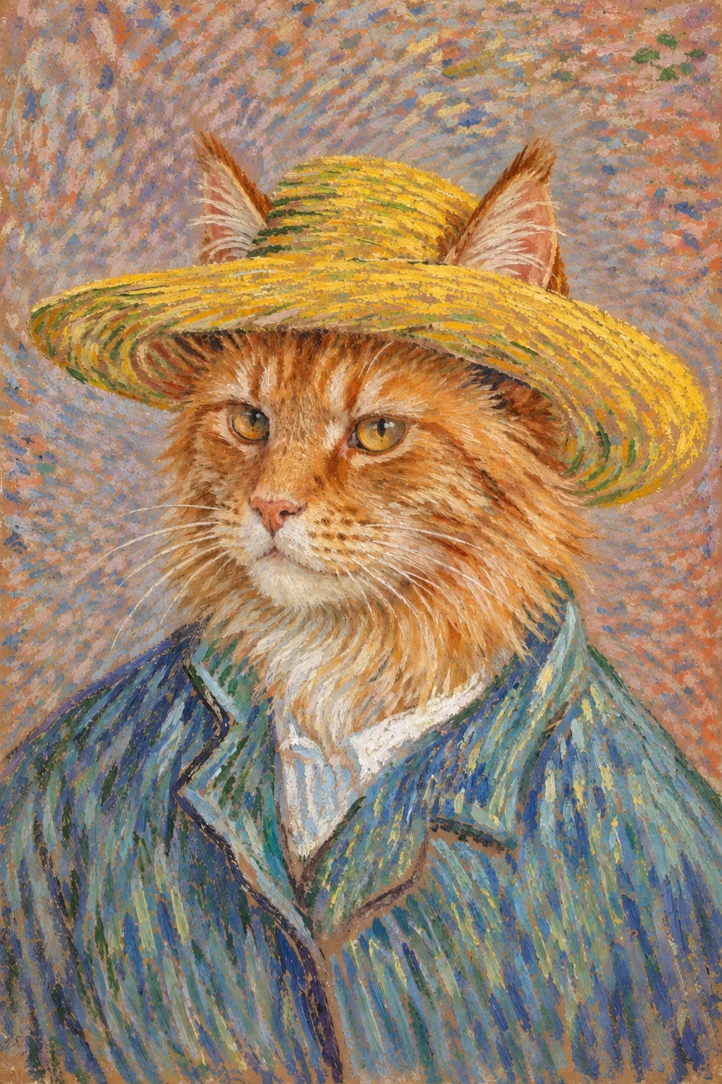 An orange Maine Coon cat in a golden straw hat and blue-green painter's work coat, rendered with lively directional oil brushstrokes.