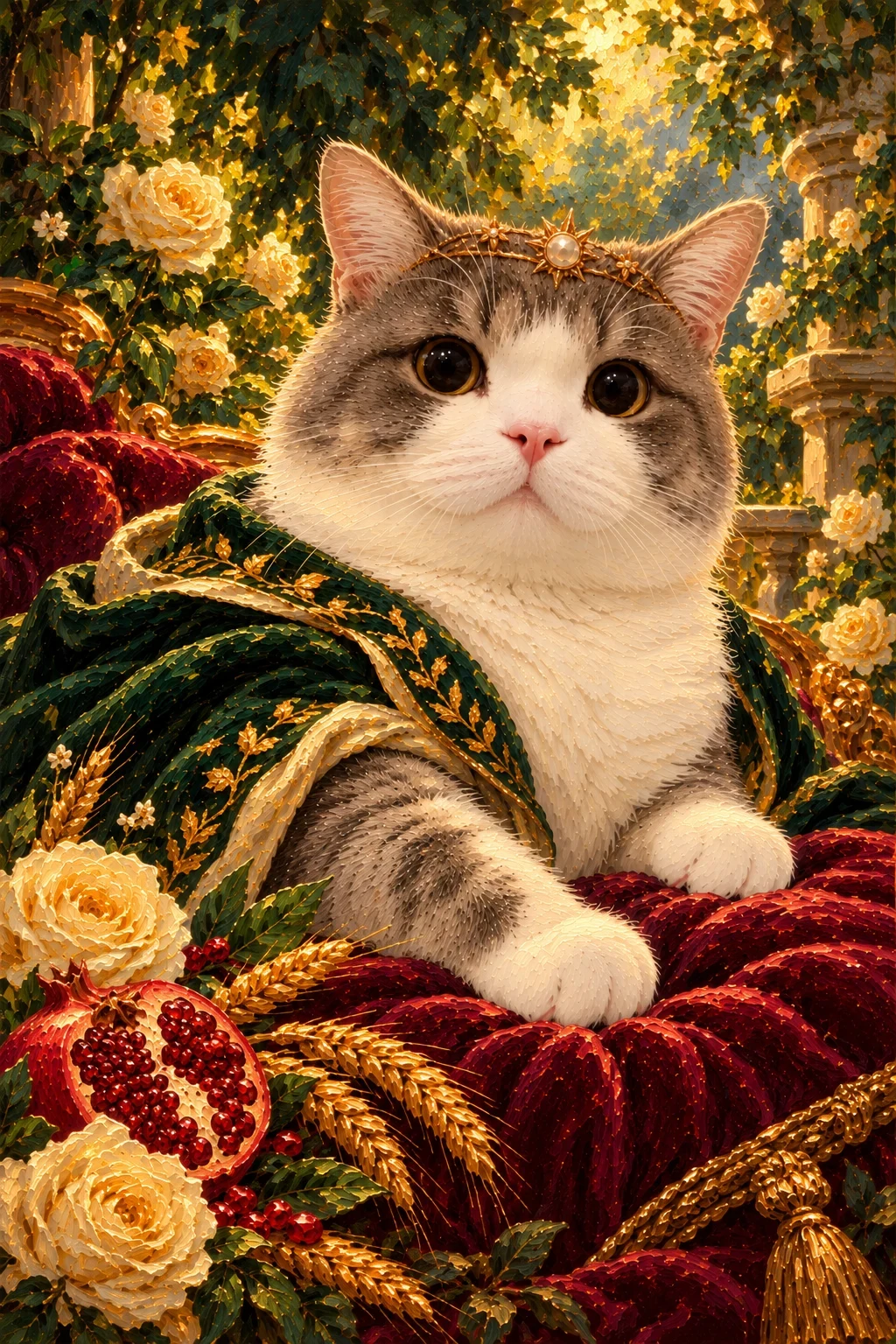 Grey-and-white cat reclines on a red cushion in a green robe, surrounded by pomegranates, wheat and roses beneath a delicate star crown.