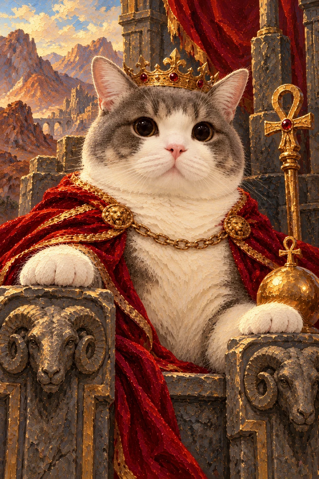Grey-and-white cat sits squarely on a dark stone throne with ram carvings, a small orb, gold sceptre and red-brown mountains.