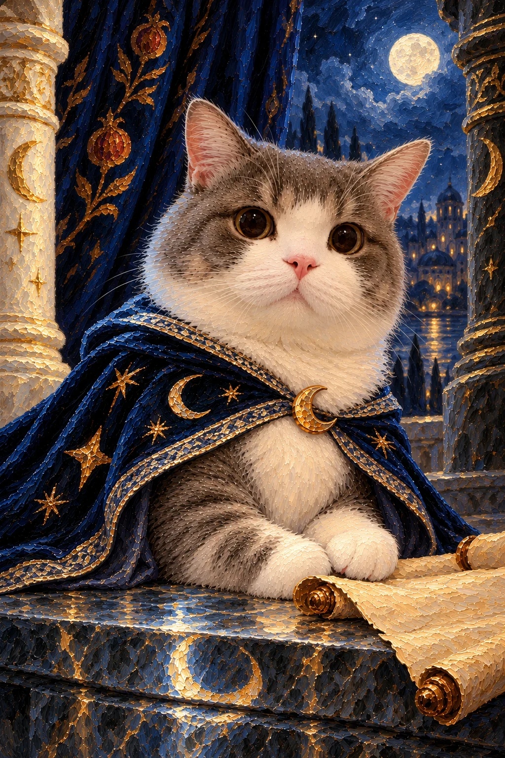 Grey-and-white cat in a midnight-blue cloak sits between pale and dark pillars with a crescent, scroll and moonlit veil.