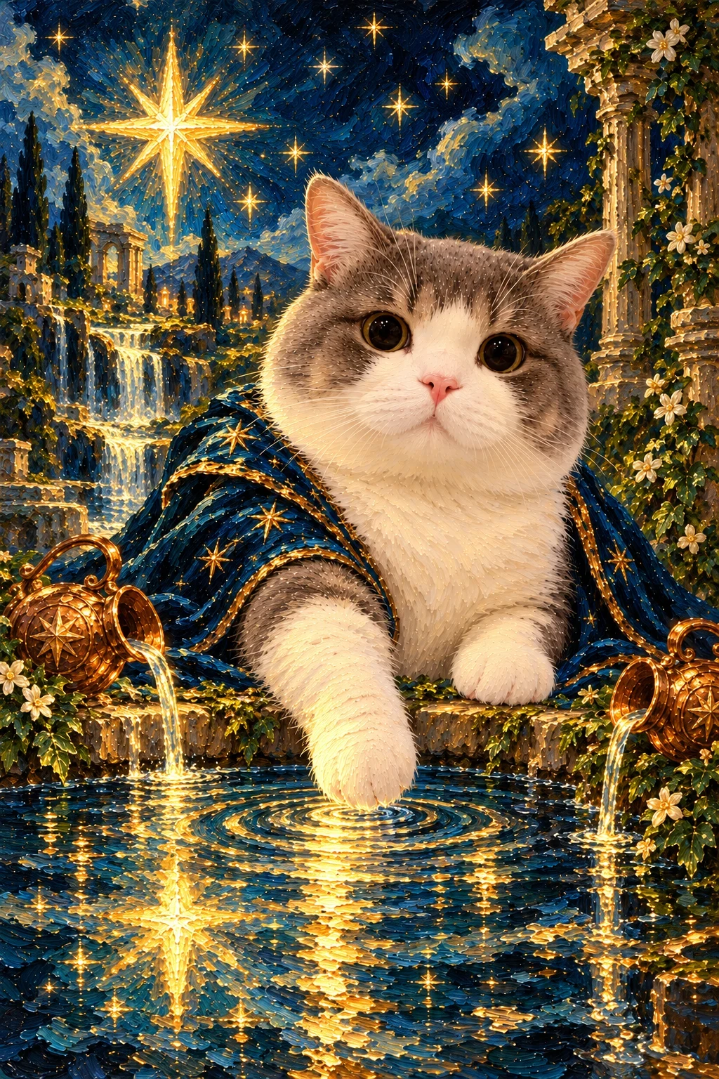 Grey-and-white cat touches moonlit water under a large eight-point star, with two jars pouring at either side and small stars overhead.