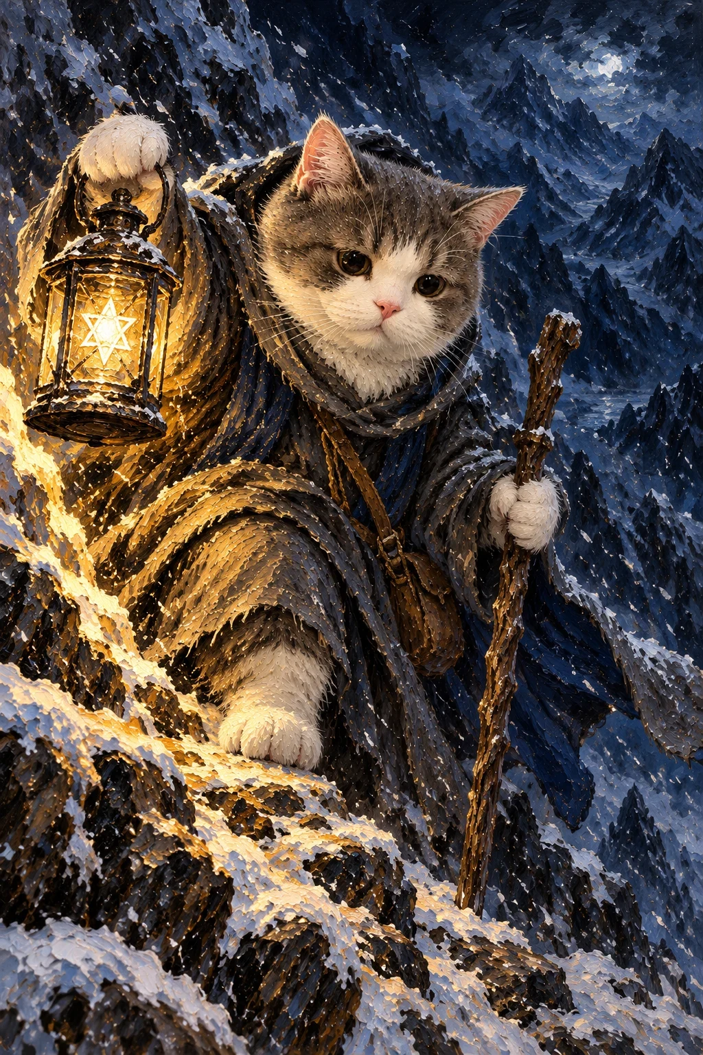 Grey-and-white cat climbs a snowy ridge in a grey robe, lifting a six-point star lantern and bracing a weathered staff.