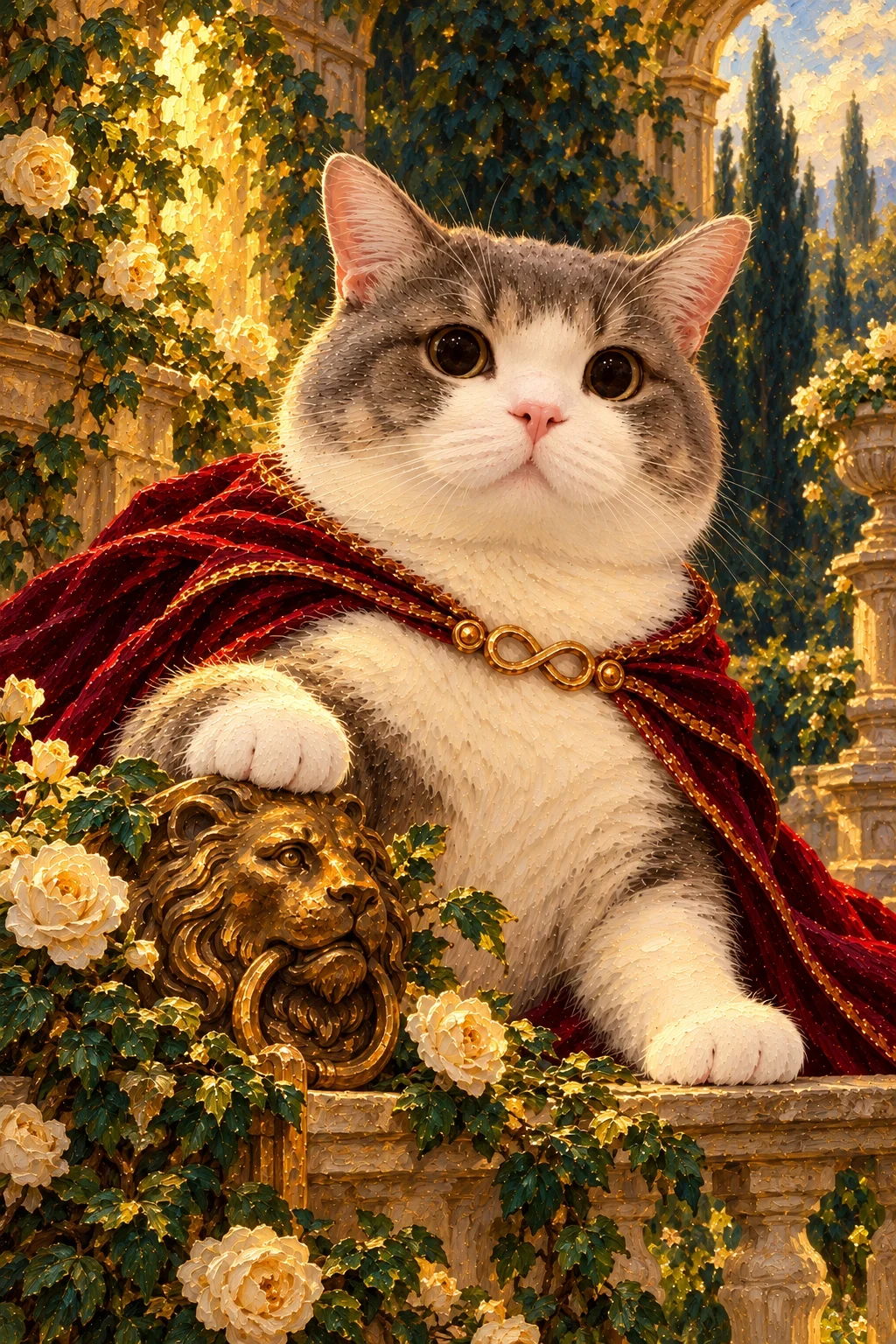 Grey-and-white cat in a red mantle gently touches a gold lion-head ornament beneath an infinity clasp, surrounded by roses.