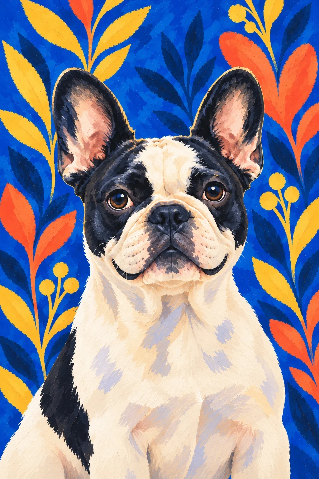 A black-and-white French bulldog painted against cobalt-blue foliage with coral and golden leaves