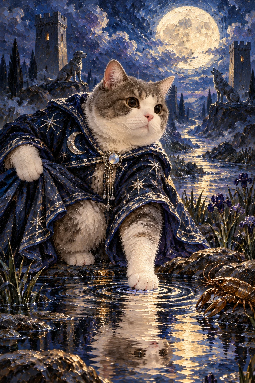 Grey-and-white cat crouches beside a moonlit pool and looks back beneath a full moon between towers, with dog and wolf statues nearby.