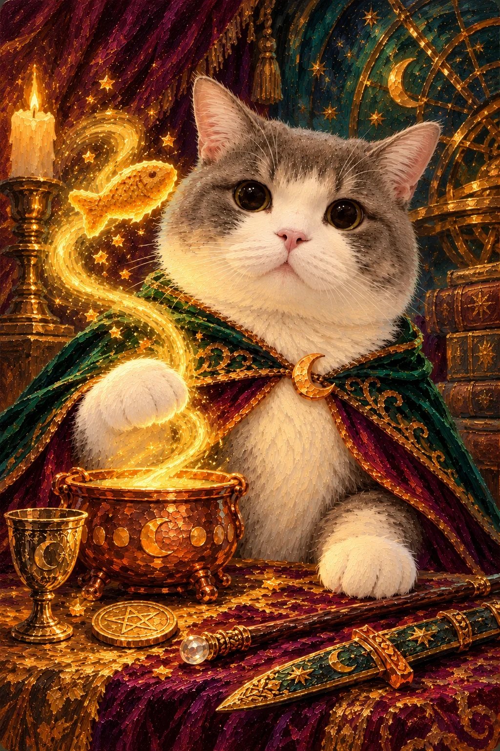 Grey-and-white cat raises a paw over a glowing fish-shaped treat and cauldron, with cup, coin, wand and sword on a painted table.