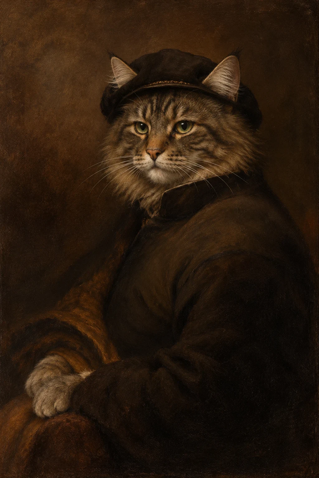 A brown-gray tabby Norwegian Forest cat in a dark soft cap and weighty brown robe, lit with warm layered oil-painting light.