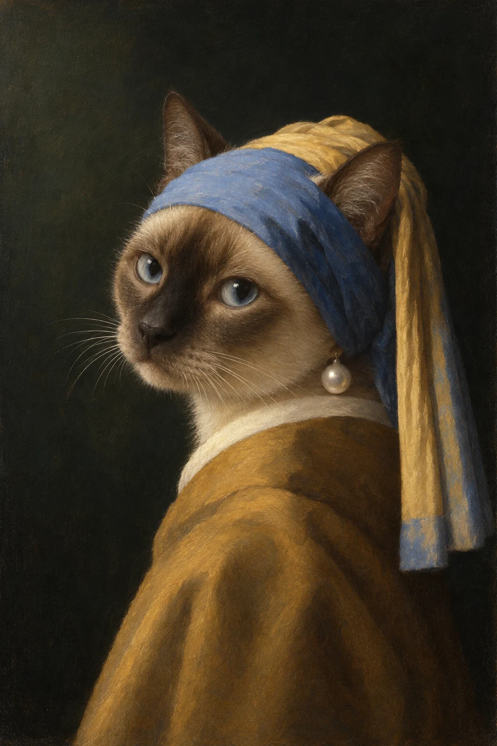 A softly painted calico cat looking back over one shoulder in a blue-and-ochre headscarf with a pearl accent.