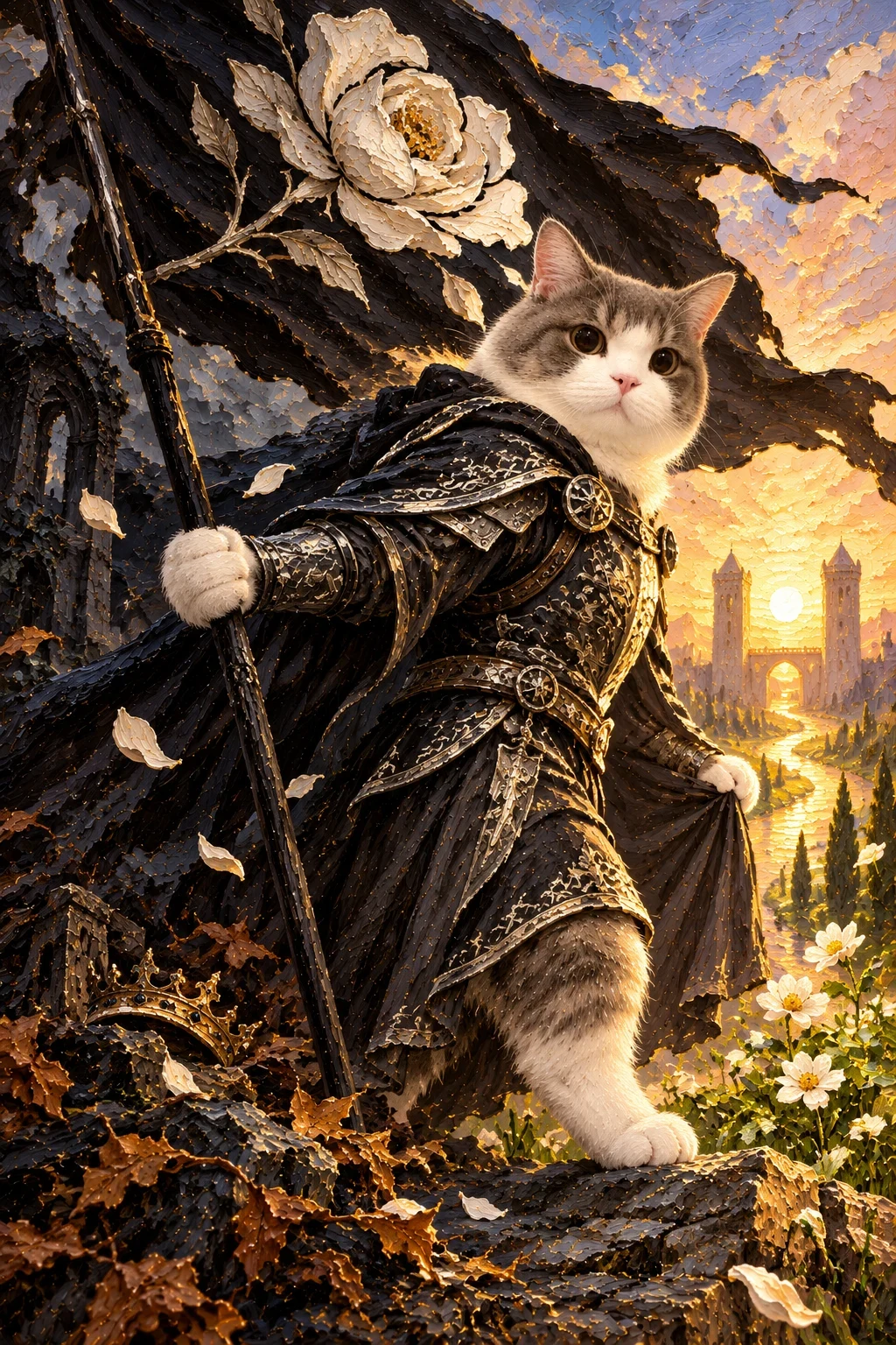 Grey-and-white cat in dark armour steps toward sunrise between stone towers with a white rose banner, flowers and a fallen crown.