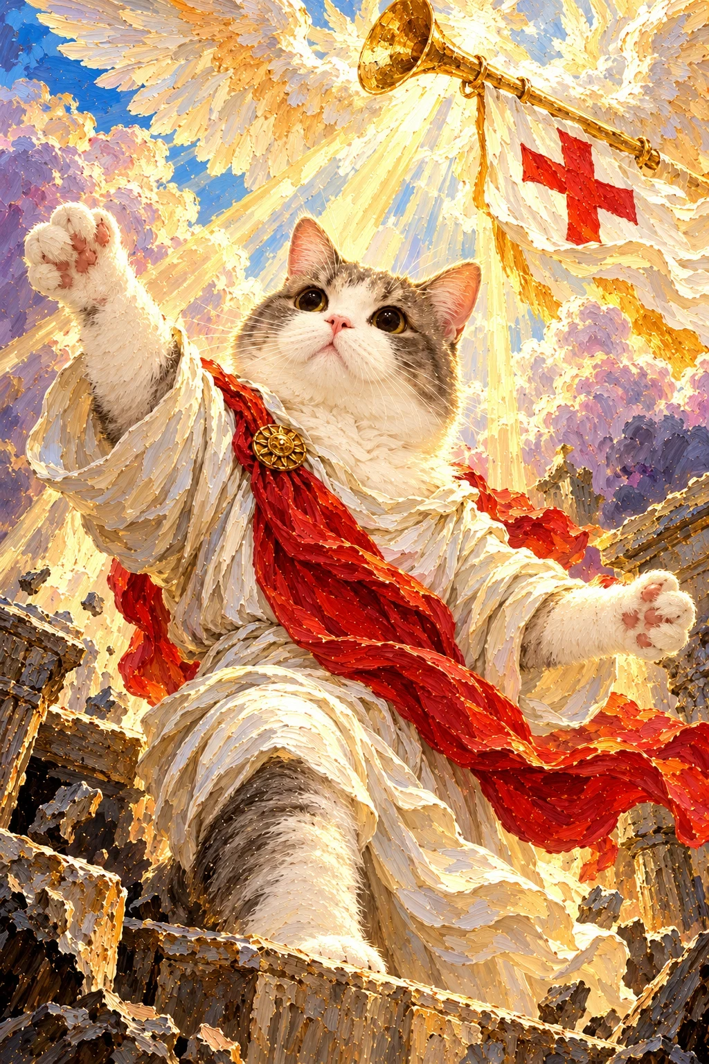 Grey-and-white cat rises with open paws under shafts of light, beneath a winged gold horn and white flag with a red cross in stone arches.