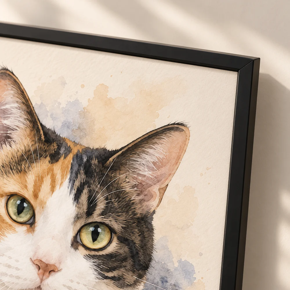 Illustration of the calico cat portrait printed on paper inside a slim black frame, viewed close up