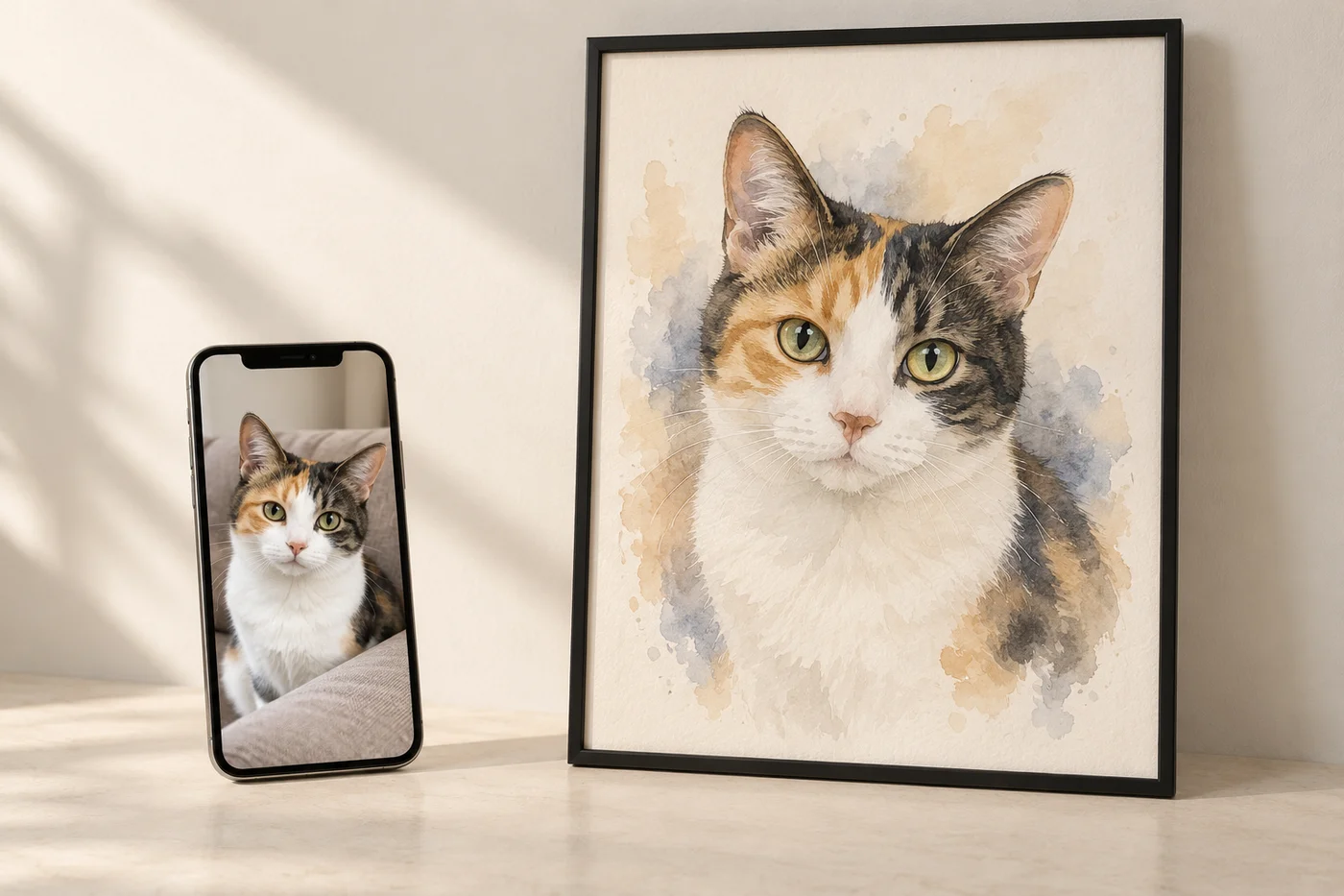 Illustration of a calico cat’s everyday photo on a phone beside a matching framed watercolor-style portrait