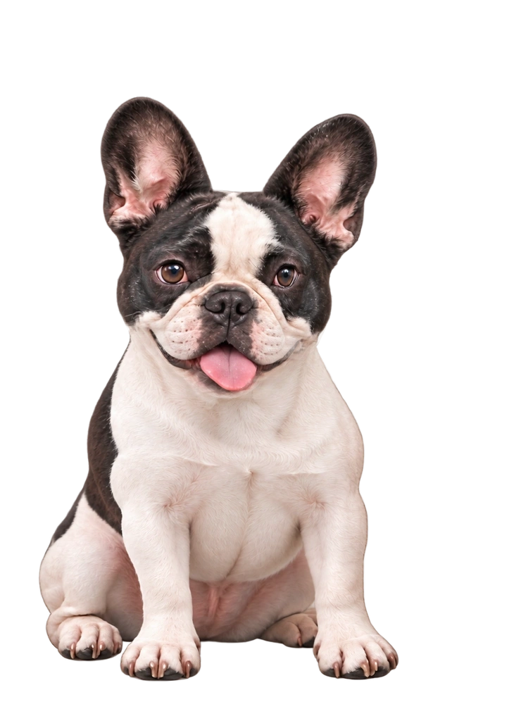 The French bulldog in all three portraits, sitting in front of them