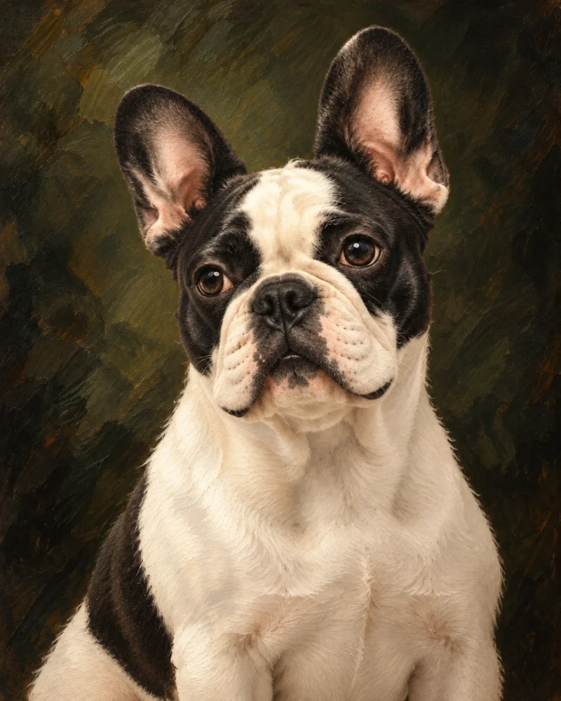 The same French bulldog in a classic oil portrait on a dark background