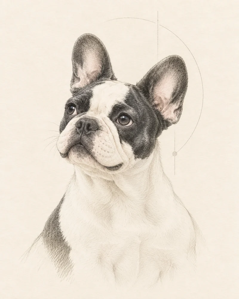 The same French bulldog looking sideways, drawn in fine graphite lines
