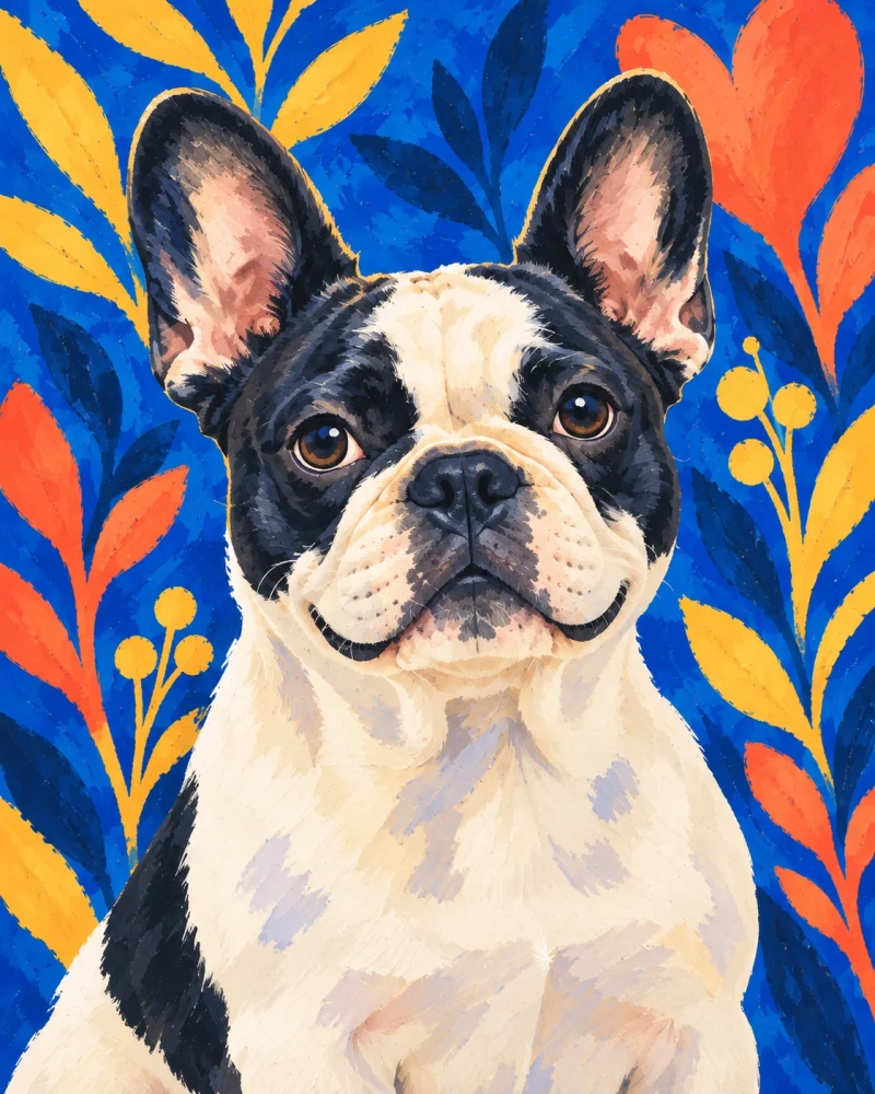 French bulldog with a calm expression in bold blue and coral color blocks